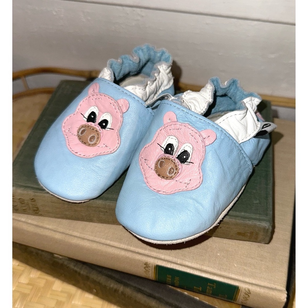 Roper Leather Baby Infant Crib Shoes Blue With Pink Pigs Size 6-12 Months
